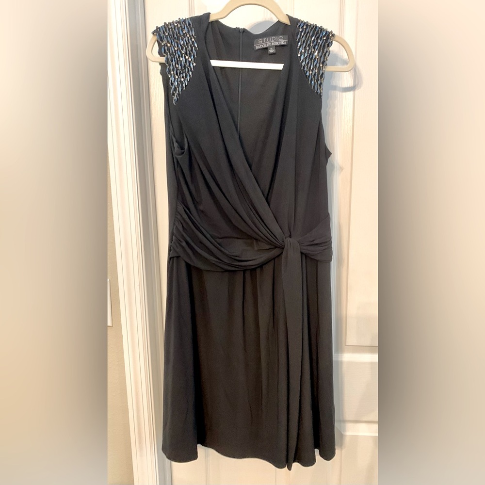 Badgley Mischka Studio Black Dress With Beaded Capped Sleeves XL